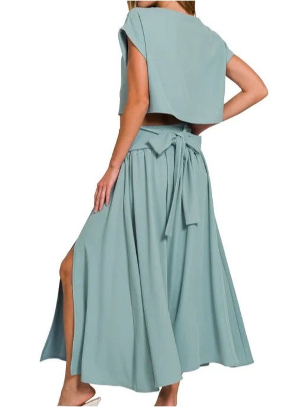 Dusty Teal High-Waist Maxi Skirt with Waist Tie